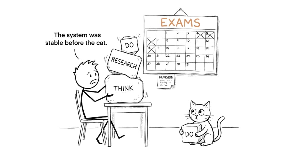 A student balancing thinking, research, and action while a cat interferes