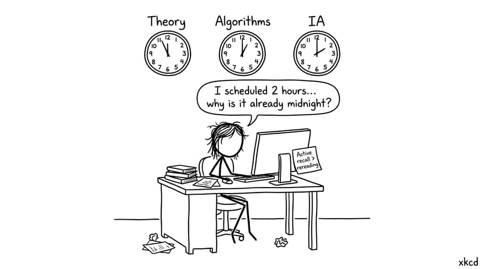A tired IB student juggling clocks for theory, algorithms, and IA