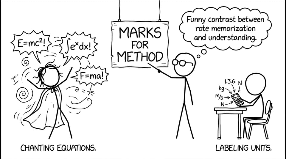 Two students: one chanting formulas, one labeling units