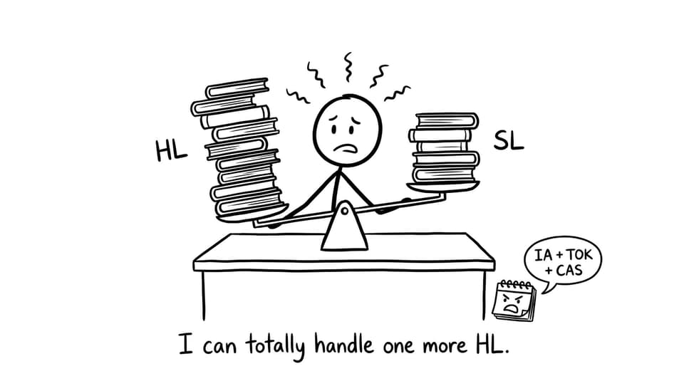 A stick-figure balances HL and SL on a scale while a calendar yells IA + TOK + CAS