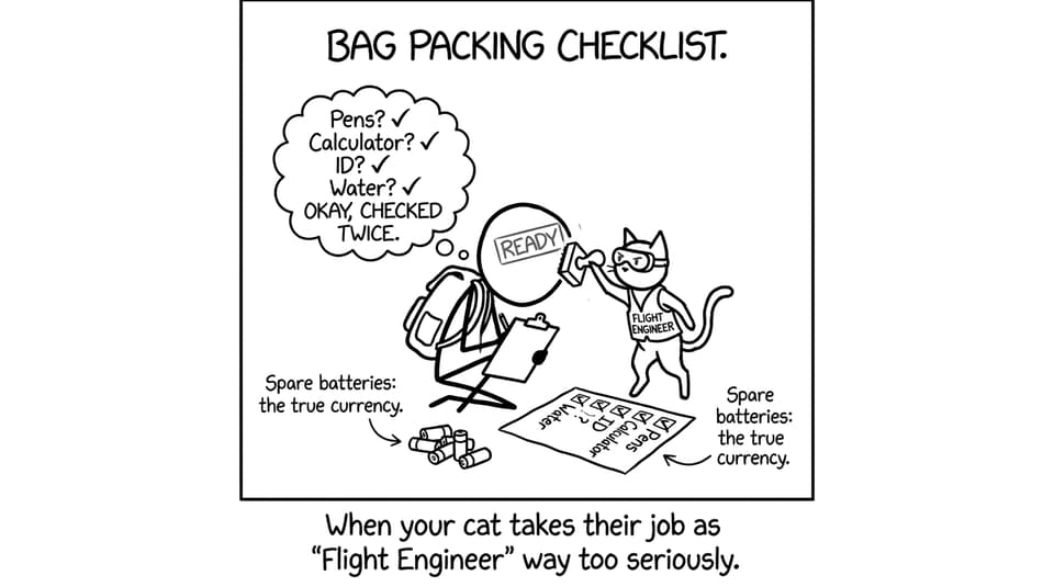 Exam kit packing checklist with a cat engineer