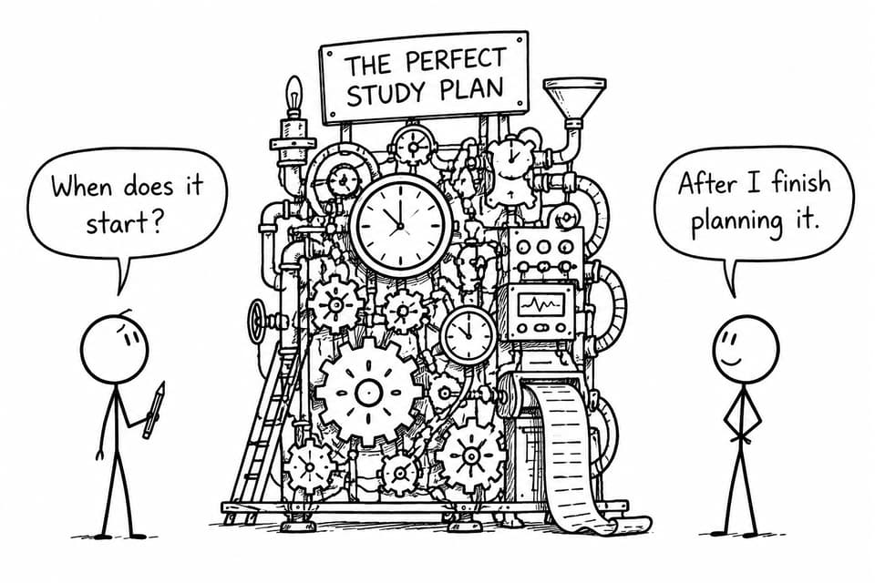 Two students stare at an elaborate study machine labelled The Perfect Study Plan while one asks when it starts and the other admits it begins after planning is finished.