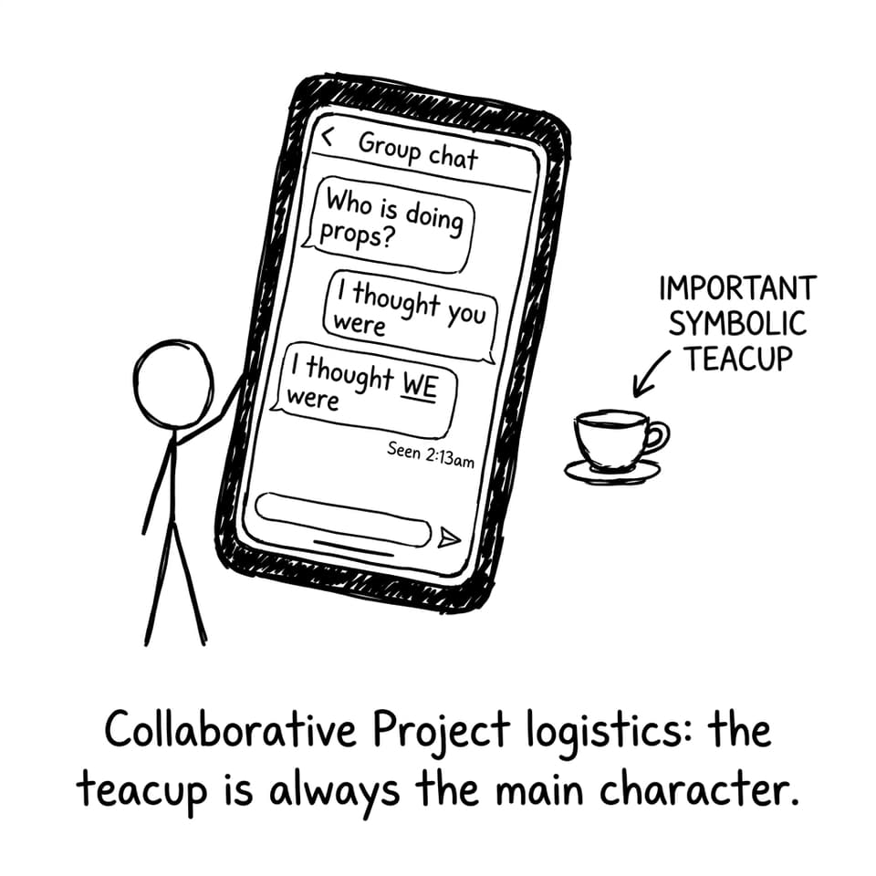 Group chat about props and a lonely teacup