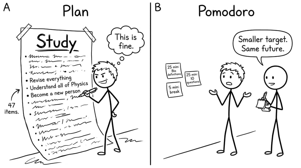 Before/after: chaotic plan vs microtask sticky notes