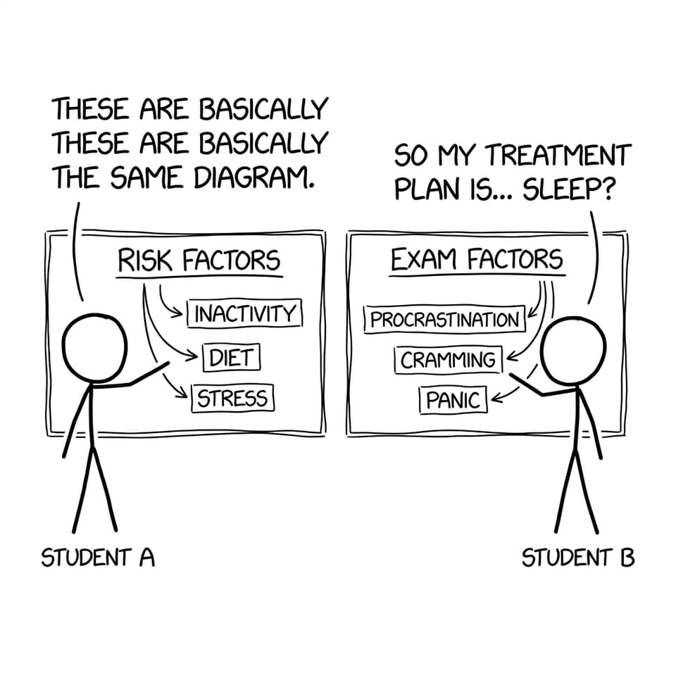 Two diagrams: health risk factors vs exam risk factors