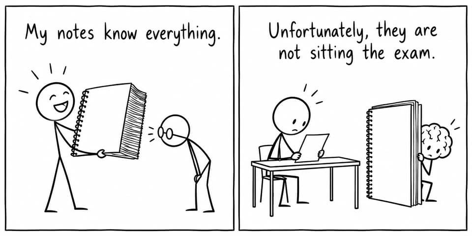 A student discovers that even an enormous notebook cannot answer the examination on their behalf