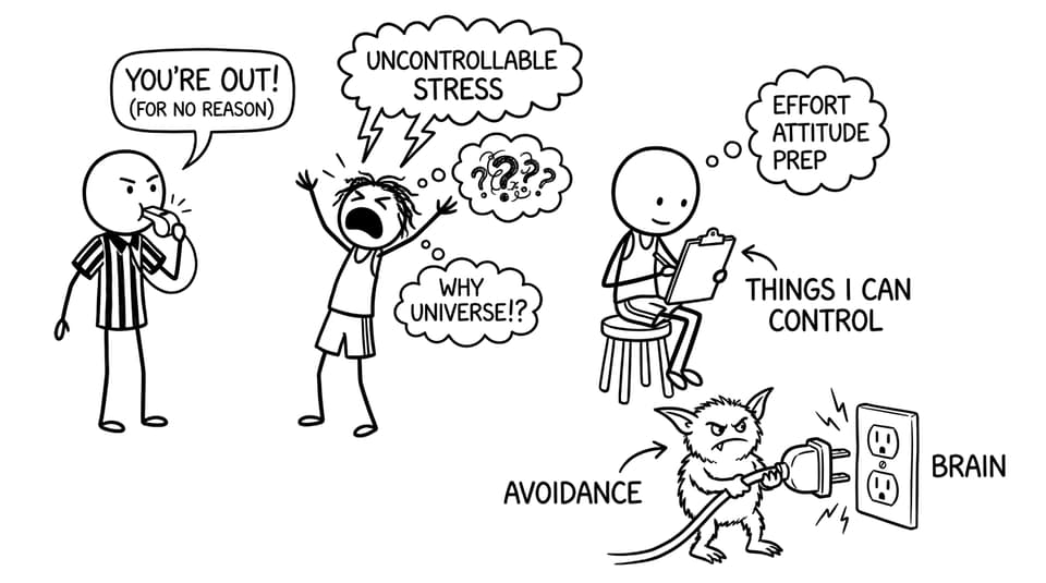 A referee call happens; one athlete uses a control list, another spirals, a gremlin tries to unplug the brain