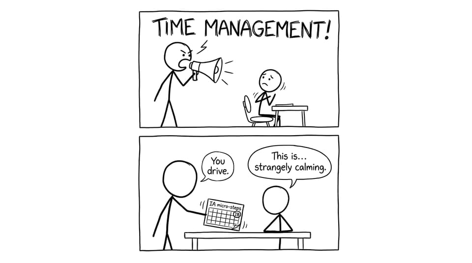 Two-panel time management comic