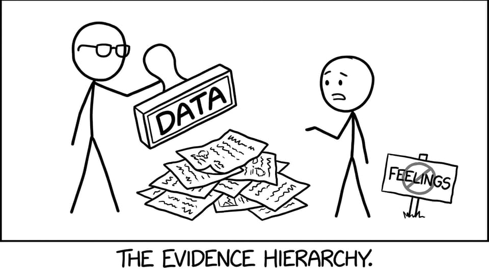 Teacher stamping “Data” while student offers “Feelings” pile