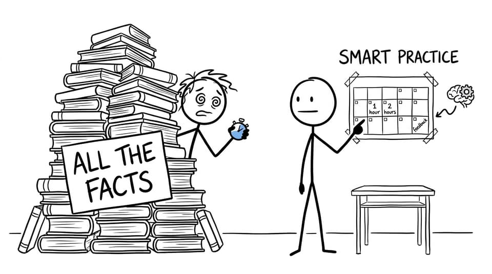 Comic contrasting an enormous pile of facts with a small smart-practice calendar