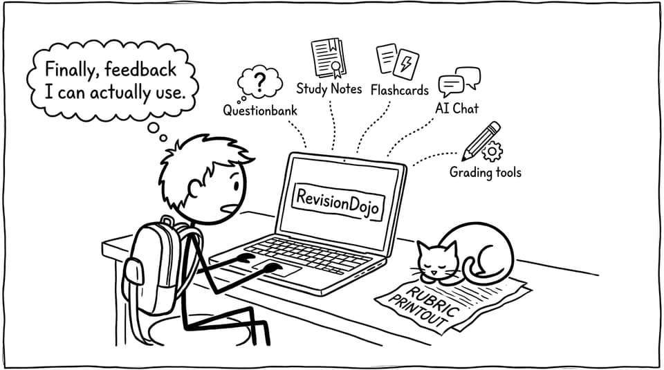 Student opens RevisionDojo, icons fly out, cat sits on rubric