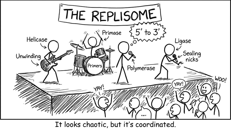 The replisome as a band performing