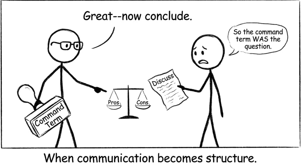 An examiner stamp reminds a student the command term is the structure