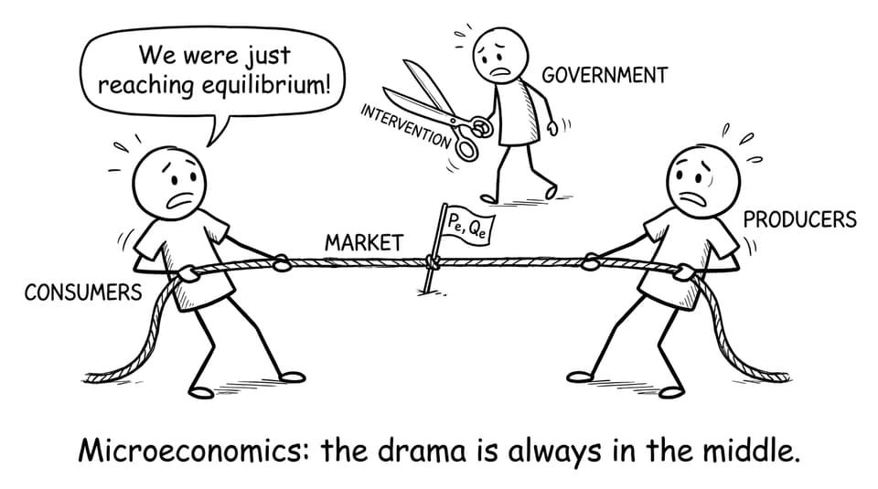 Comic about equilibrium tug-of-war and intervention