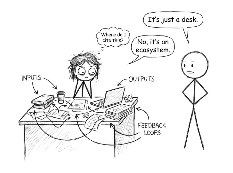 A student treats their messy desk like an ecosystem