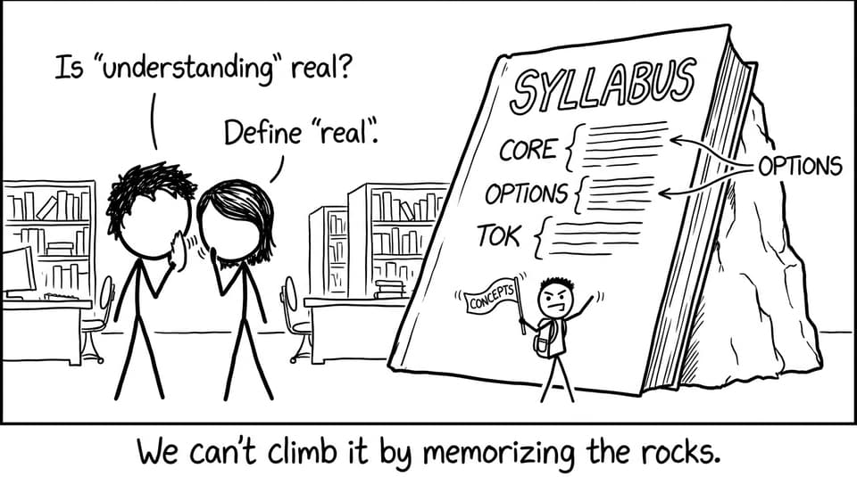 Two IB students debating under a huge syllabus mountain