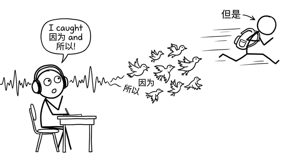 Listening waveform turns into flying characters while student celebrates connectors
