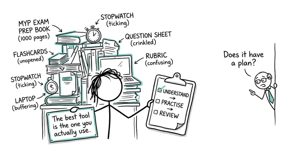 XKCD-style student choosing among too many MYP revision tools
