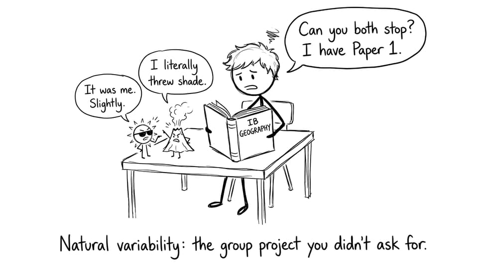 Sun and volcano arguing on a desk