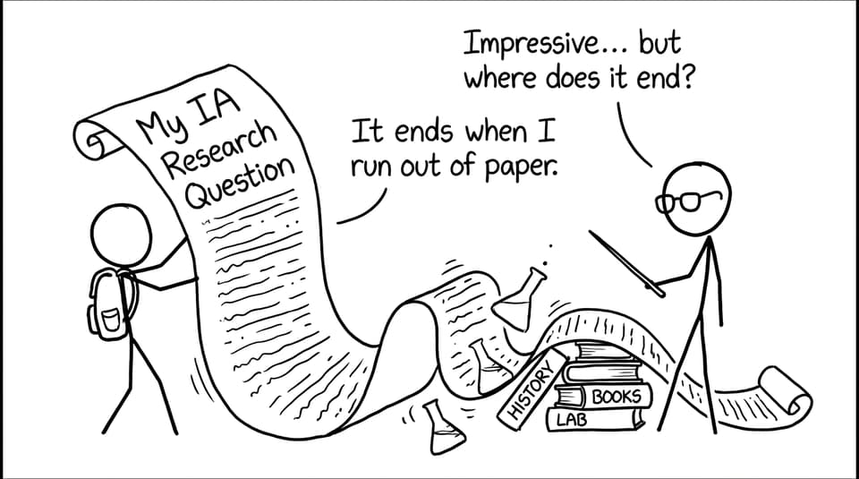 A student unrolls a massive IA research question scroll
