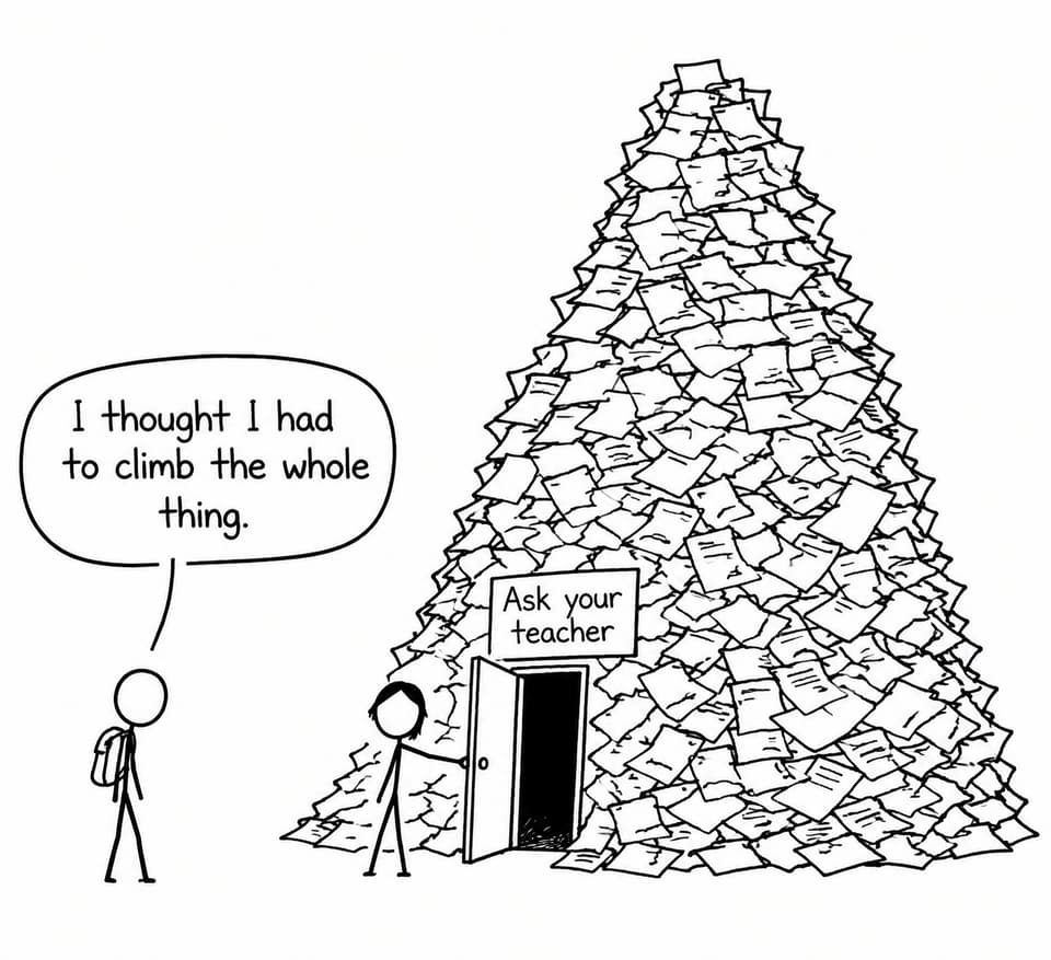 A new student discovers a door through a mountain of schoolwork by asking a teacher