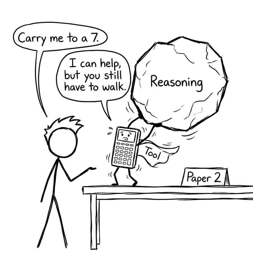 Calculator with a cape labeled Tool lifting a boulder labeled Reasoning