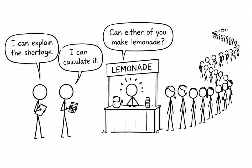 Two economics students explain a lemonade shortage with theory and calculations while the overwhelmed vendor asks for practical help