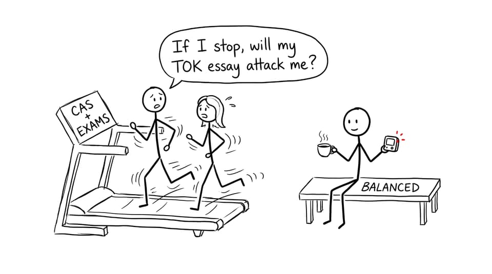 Two students sprint on the CAS + Exams treadmill while one chooses balance