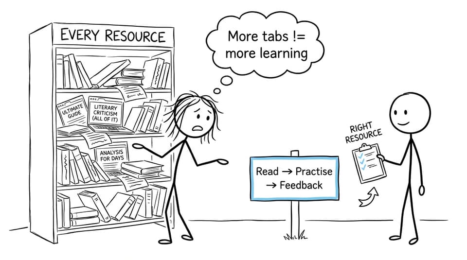 XKCD-style comic about choosing the right study resource instead of opening endless tabs