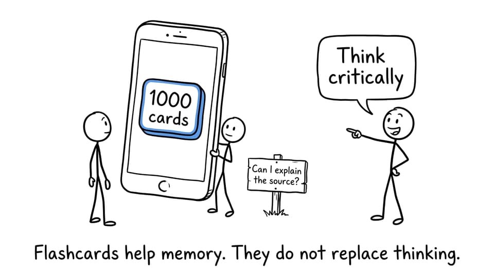 XKCD-style comic showing that flashcards support memory but do not replace critical thinking
