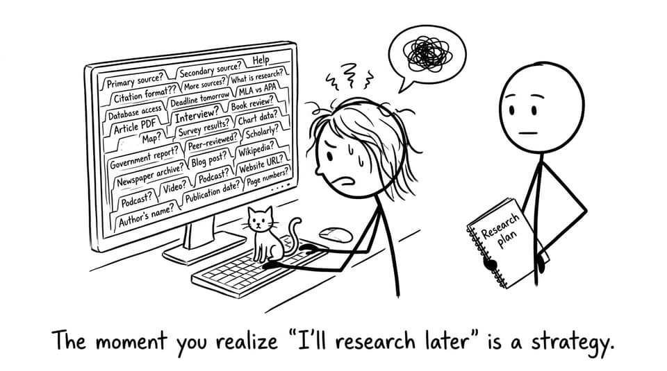 A stressed student and a calm research plan
