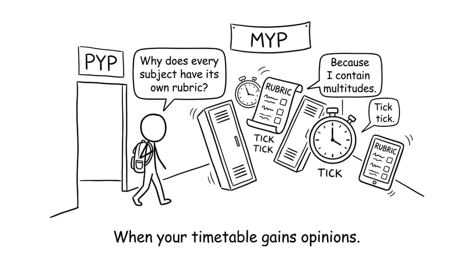 Student entering MYP hallway with rubrics and timers
