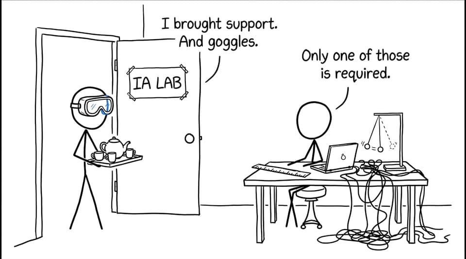 A parent arrives at an imaginary IA lab with tea and oversized safety goggles