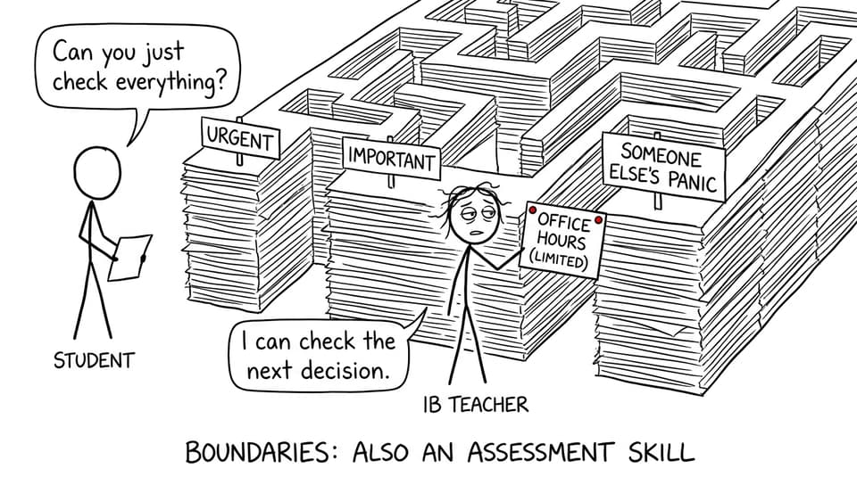 An IB teacher calmly redirects deadline panic toward the next useful decision