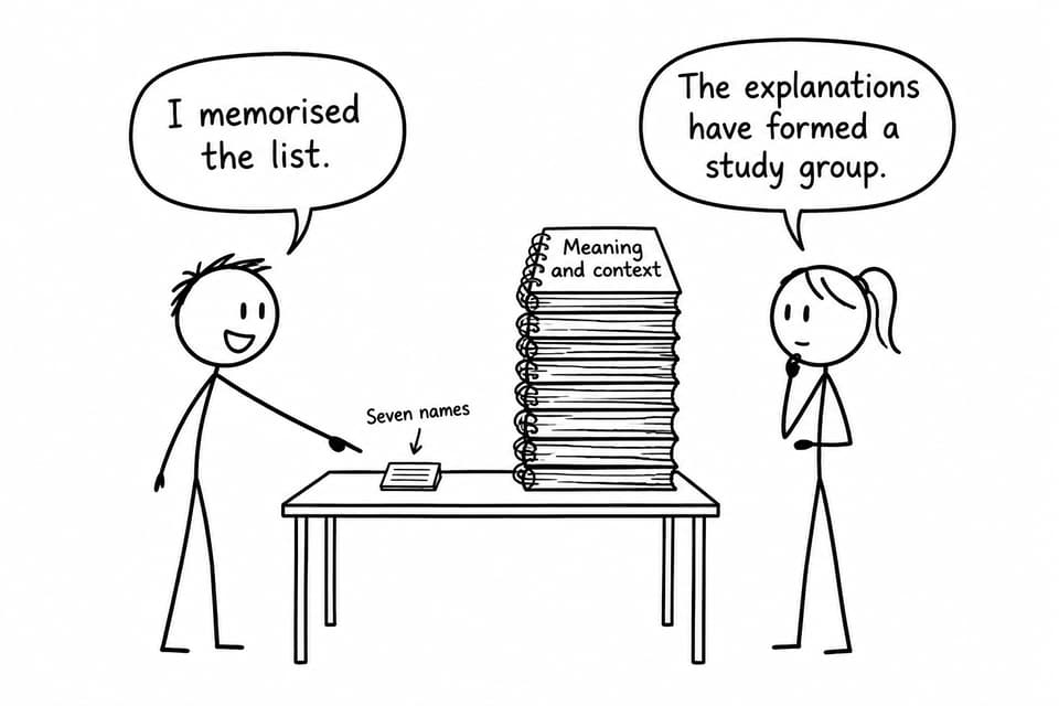 Two students compare a tiny card of seven names with a towering pile of meaning and context notes