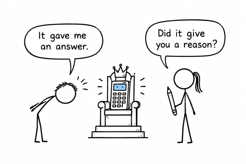 Two mathematics students debate whether a calculator answer includes sufficient reasoning