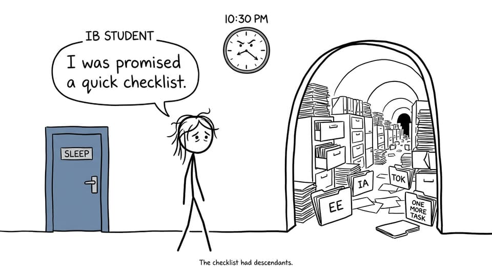 An IB student's checklist grows endlessly while sleep waits behind a nearby door