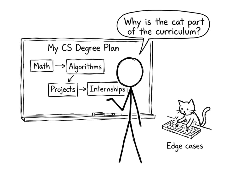 A flowchart plan disrupted by a cat labeled edge cases