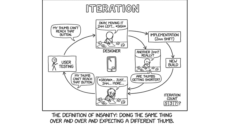 Flowchart loop joke: user says “my thumb can’t reach” forever