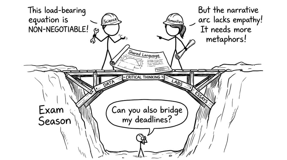 Two teachers building a bridge labeled Shared Language over a canyon