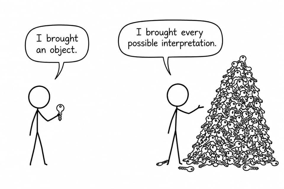 Two students compare one ordinary key with an enormous pile of possible interpretations.
