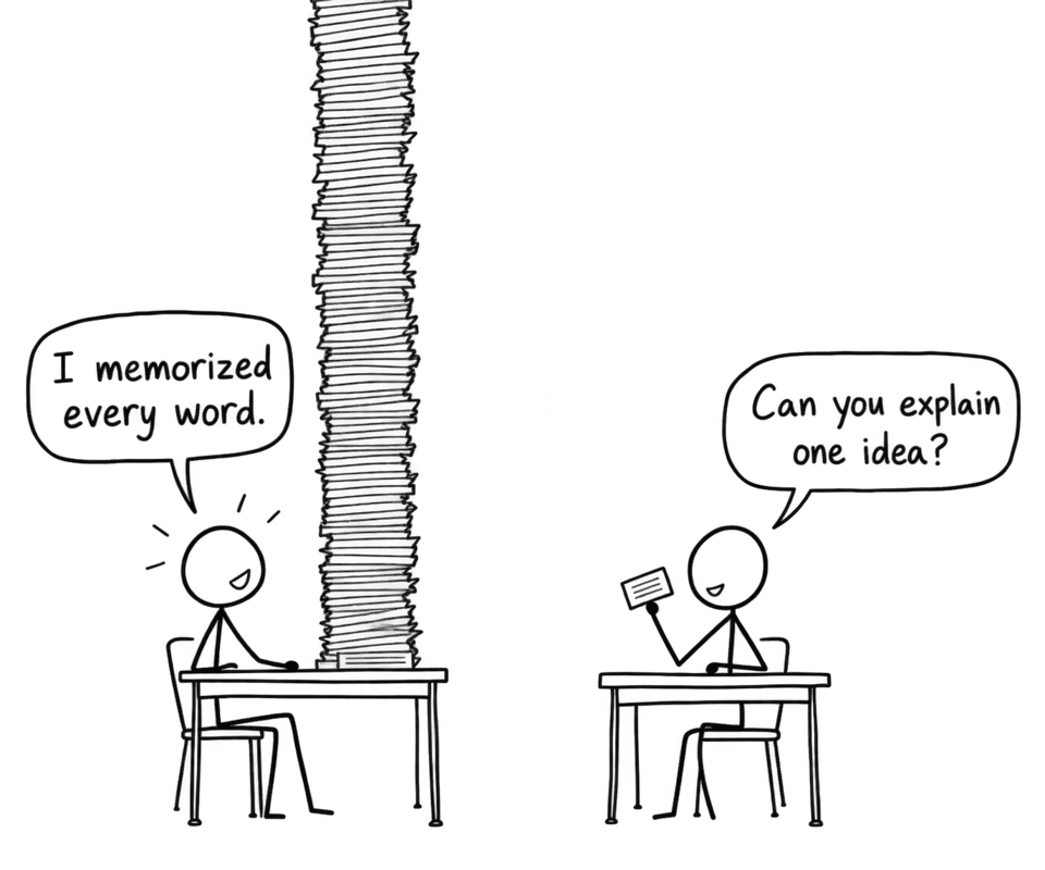 Two students contrast memorizing every word with explaining one idea