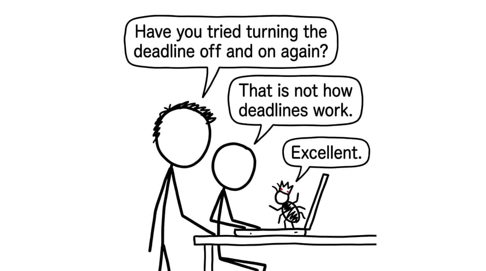 A crowned software bug enjoys the approaching deadline