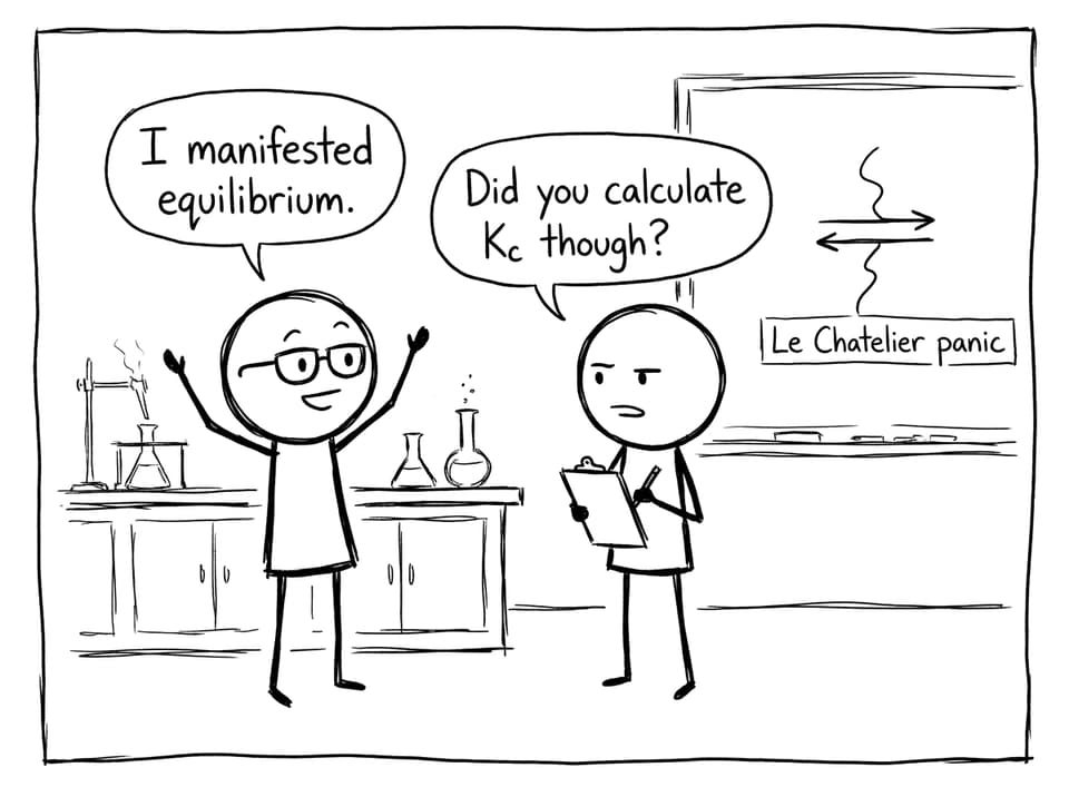 Two students joking about manifesting equilibrium
