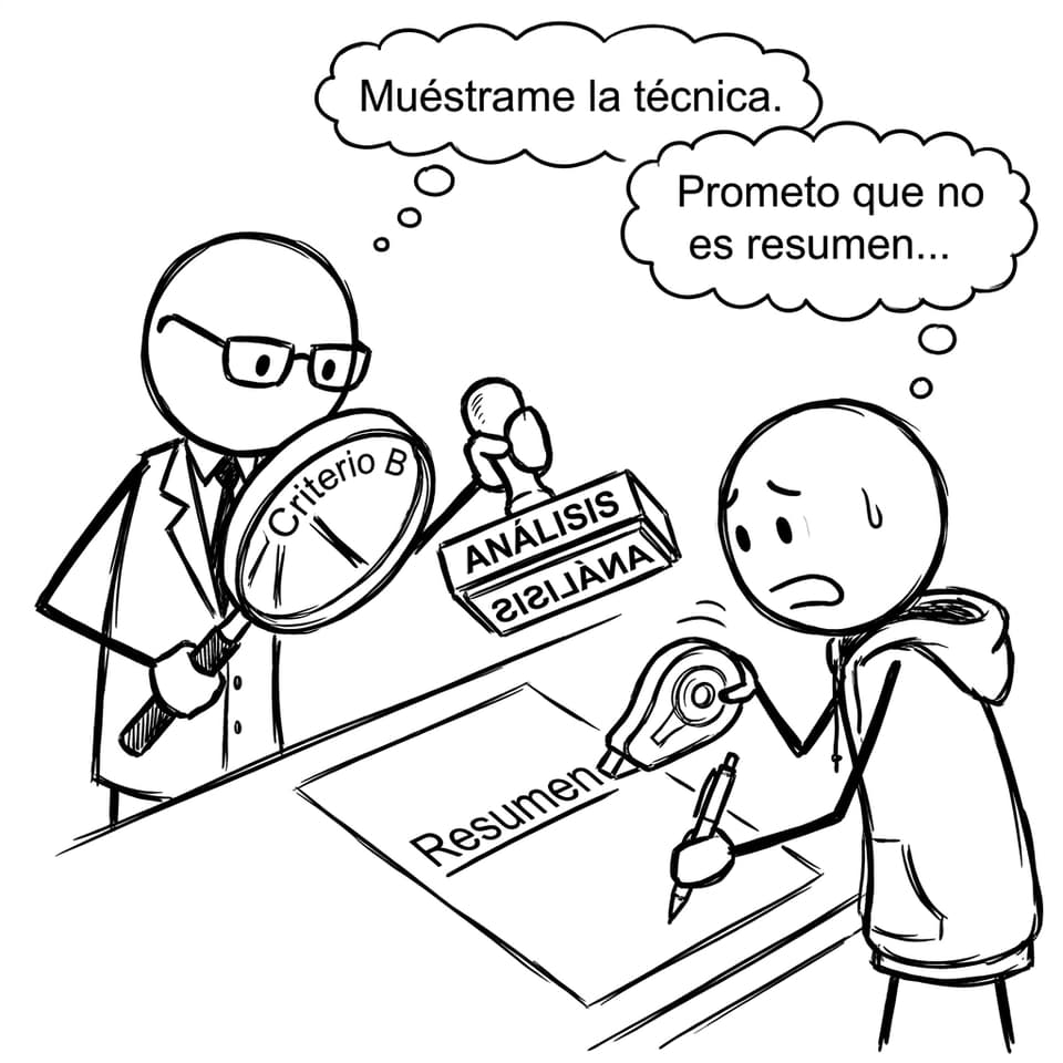 Un examinador señala que quiere análisis y técnica, no resumen