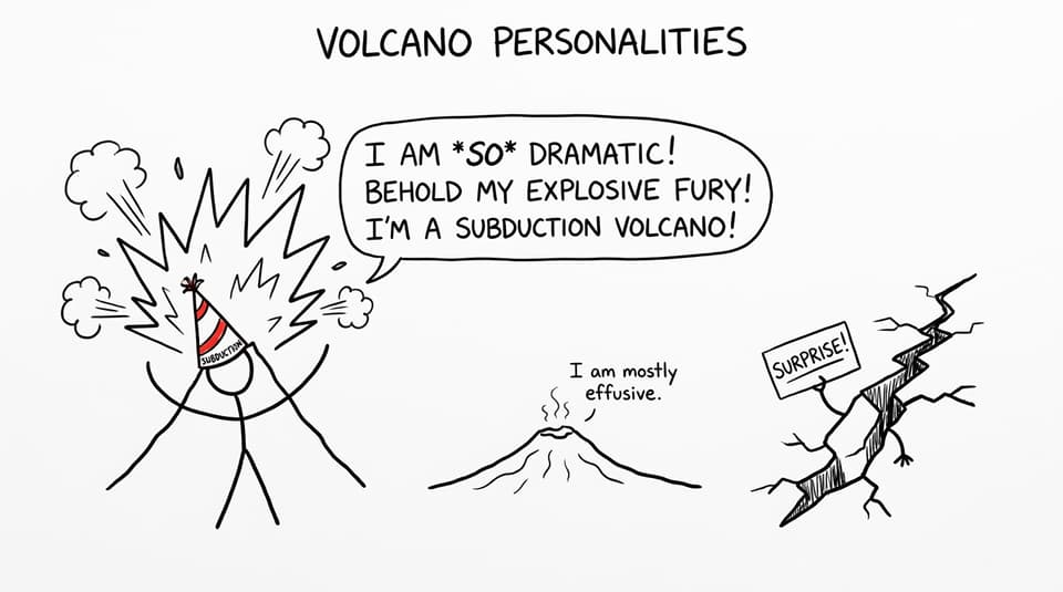 A volcano with a party hat labeled “Subduction” trying to be dramatic