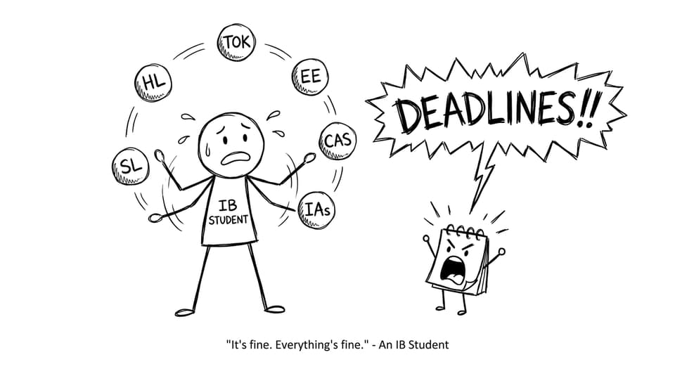 An IB student juggling components in XKCD comic style