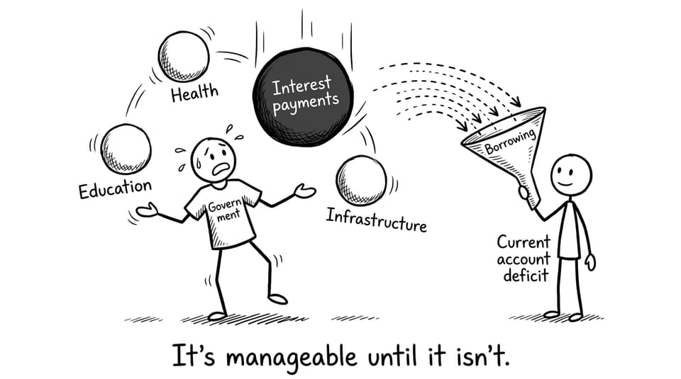 A funny comic about juggling government spending and interest payments