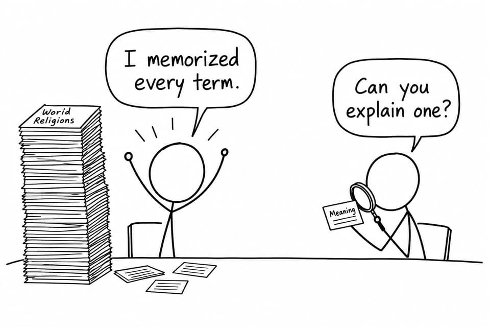 A student with many memorized cards is challenged to explain the meaning on a single card
