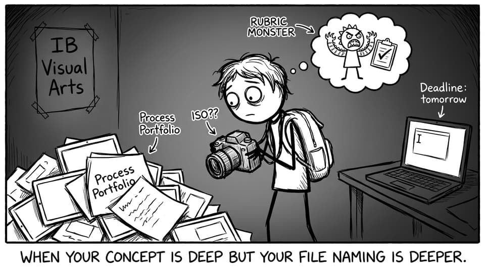 Comic about IB Visual Arts deadlines and file naming